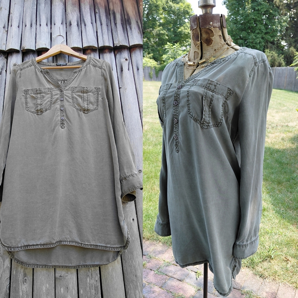 Express military green shalf button mini shirt dress tunic Womens size M